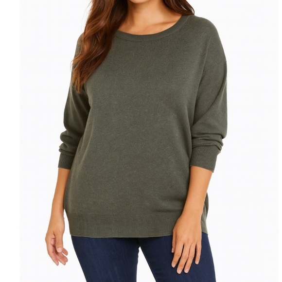 Leith sweater olive green 3/4 sleeve knit loose fit boxy cotton wool blend SZ SM - Picture 1 of 11